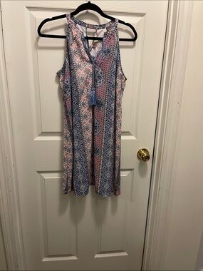 Pink Rose Pink and Blue Floral Tassel-Neck Sleeveless Dress